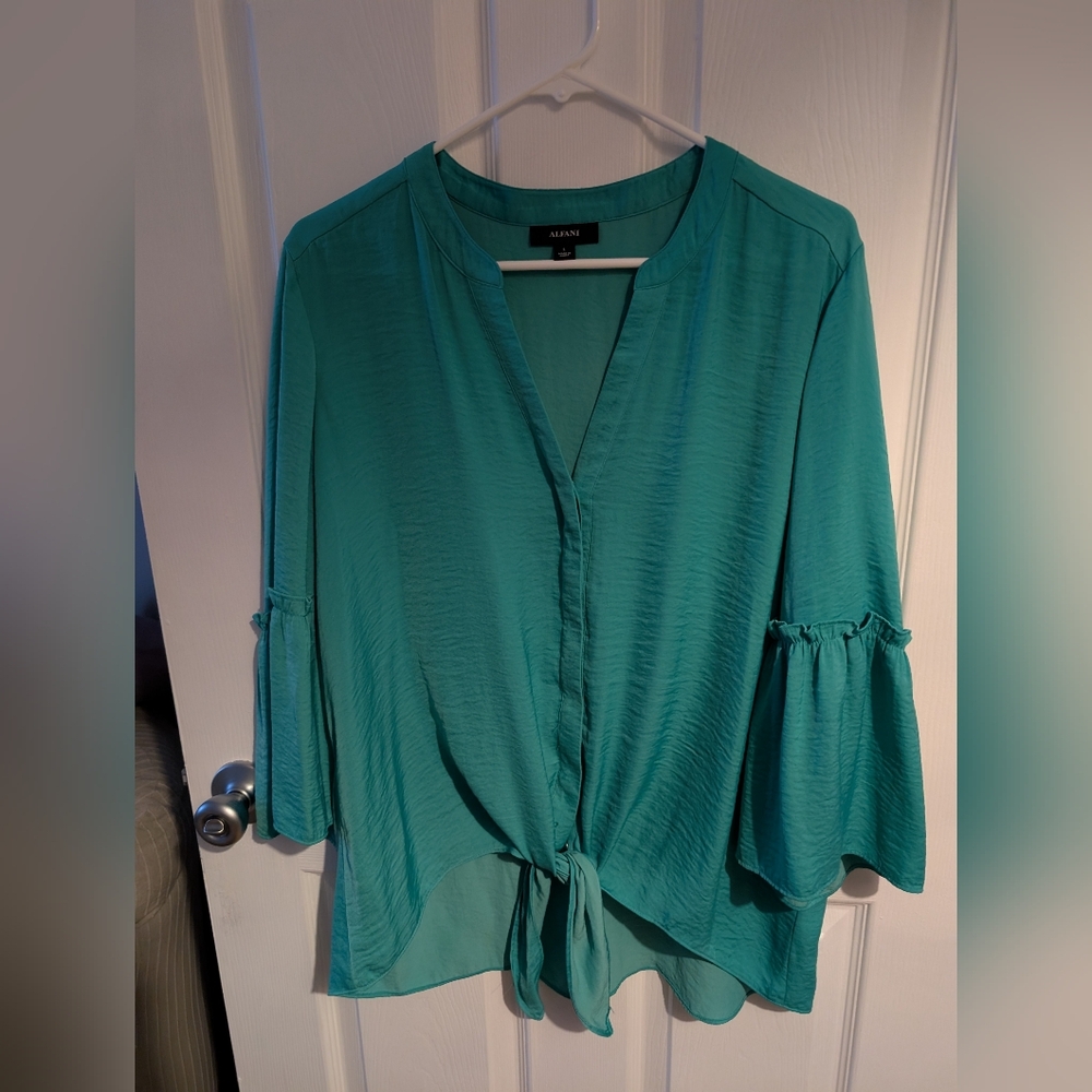 Alfani Green Bell Sleeve Blouse with Tie Front